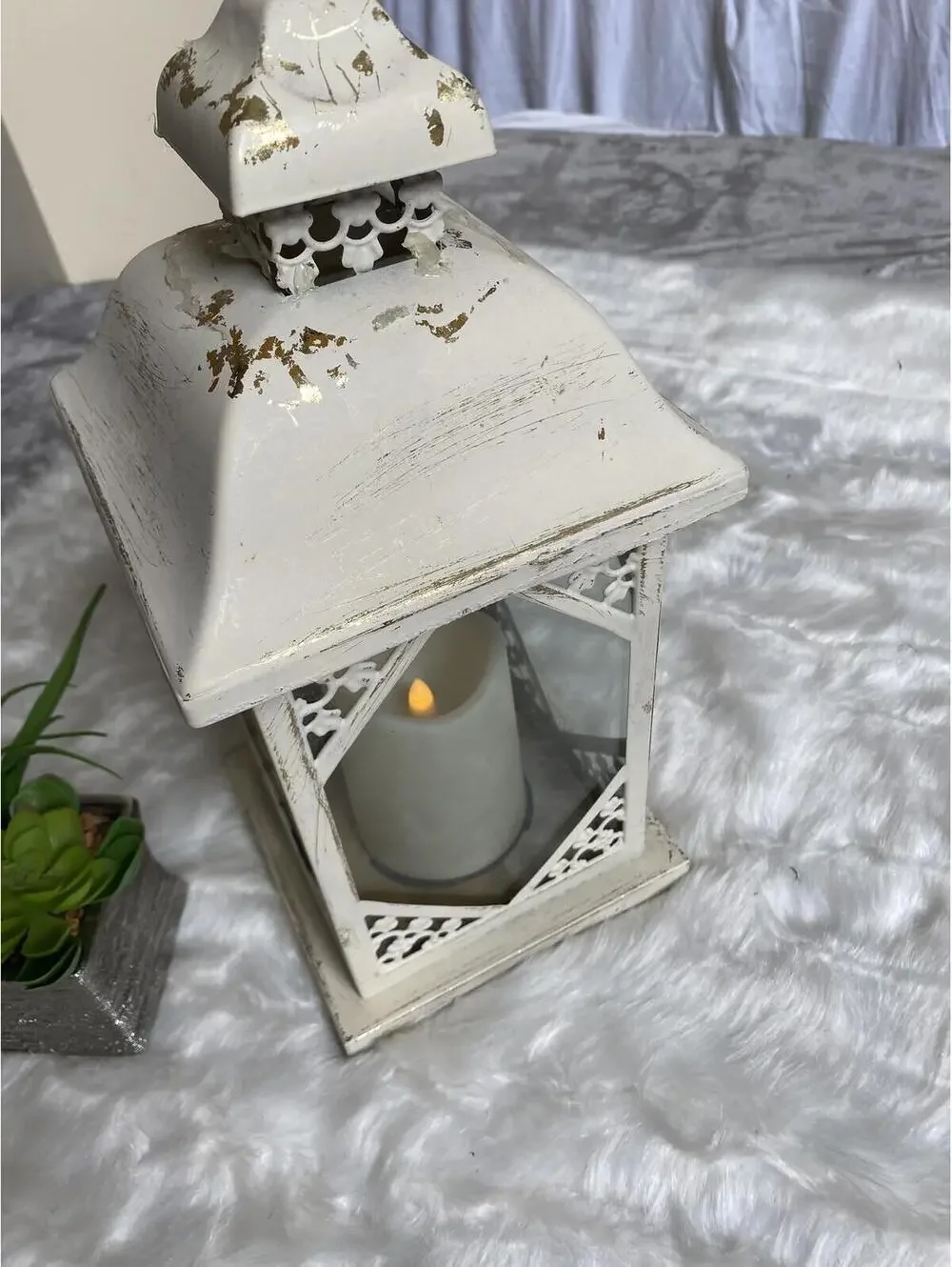 Vintage White Metal Lantern with LED Candle